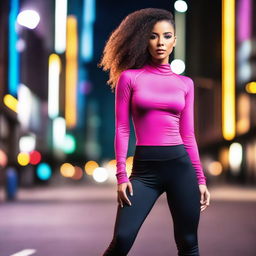 A stylish and attractive woman wearing spandex, posing confidently