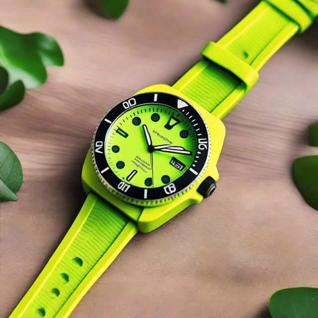 A diver's wristwatch with a green clock face featuring black luminous hour and minute hands, and a yellow second hand