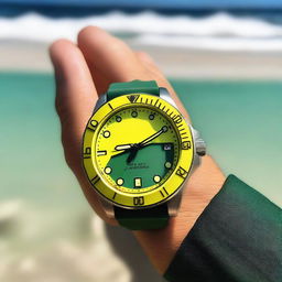 A diver's wristwatch with a green clock face featuring black luminous hour and minute hands, and a yellow second hand