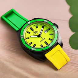 A diver's wristwatch with a green clock face featuring black luminous hour and minute hands, and a yellow second hand