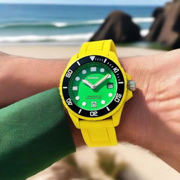 A diver's wristwatch with a green clock face featuring black luminous hour and minute hands, and a yellow second hand