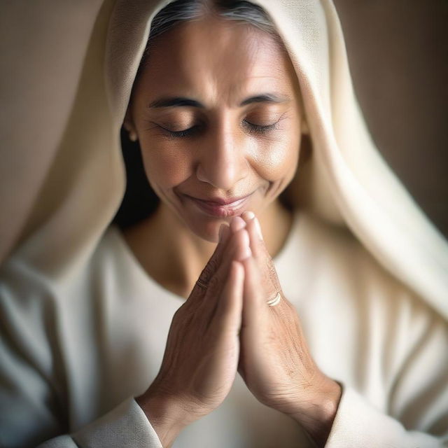 A serene image of a woman praying with her hands clasped, symbolizing love and devotion for her husband