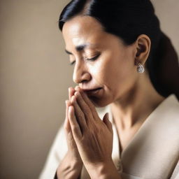 A serene image of a woman praying with her hands clasped, symbolizing love and devotion for her husband