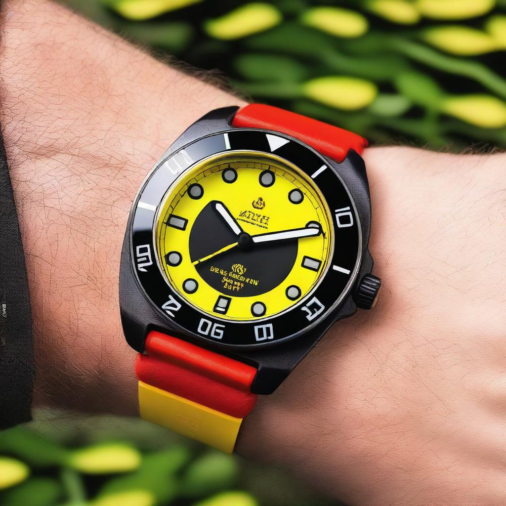 A black diver's wristwatch with a striking yellow clock face