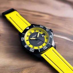 A black diver's wristwatch with a striking yellow clock face