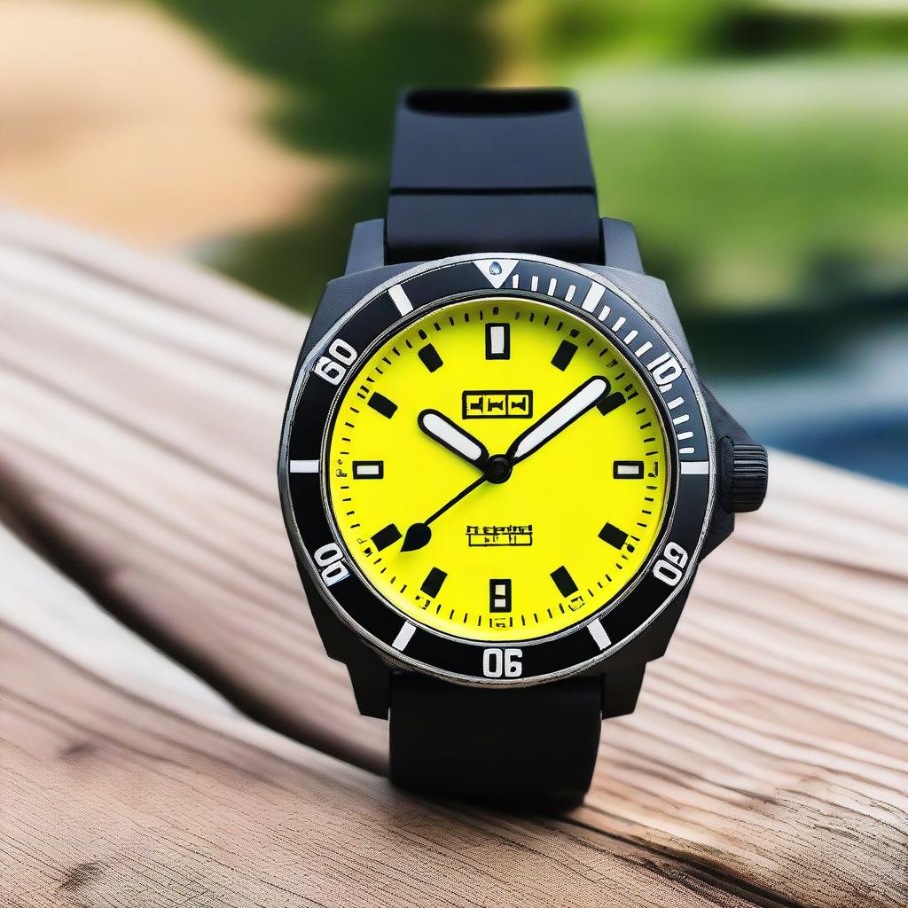 A black diver's wristwatch with a striking yellow clock face