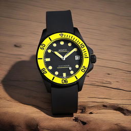 A black diver's wristwatch with a striking yellow clock face