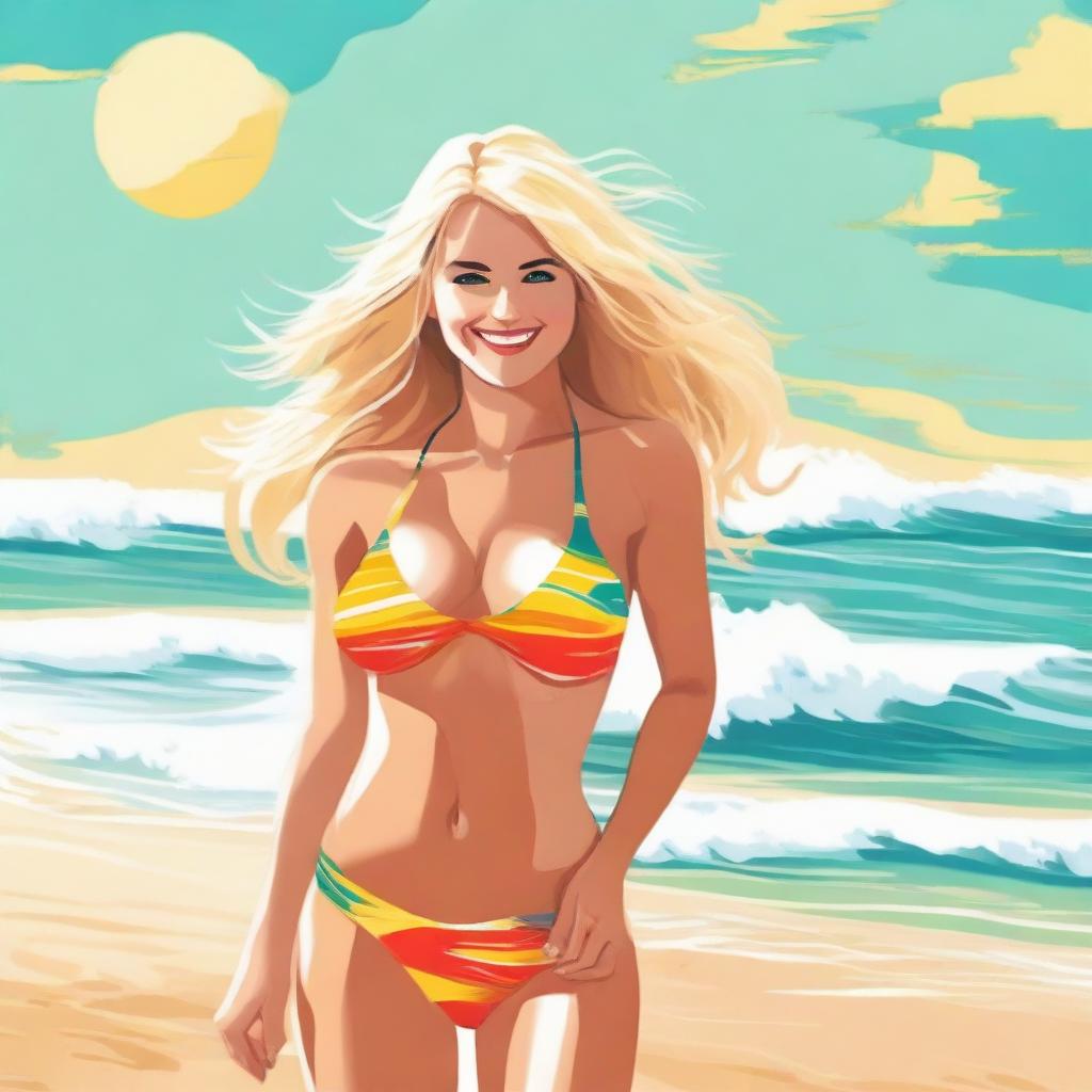 A blonde woman wearing a bikini standing on a sunny beach with waves crashing in the background