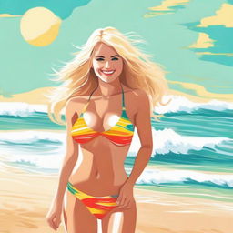 A blonde woman wearing a bikini standing on a sunny beach with waves crashing in the background