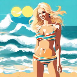 A blonde woman wearing a bikini standing on a sunny beach with waves crashing in the background