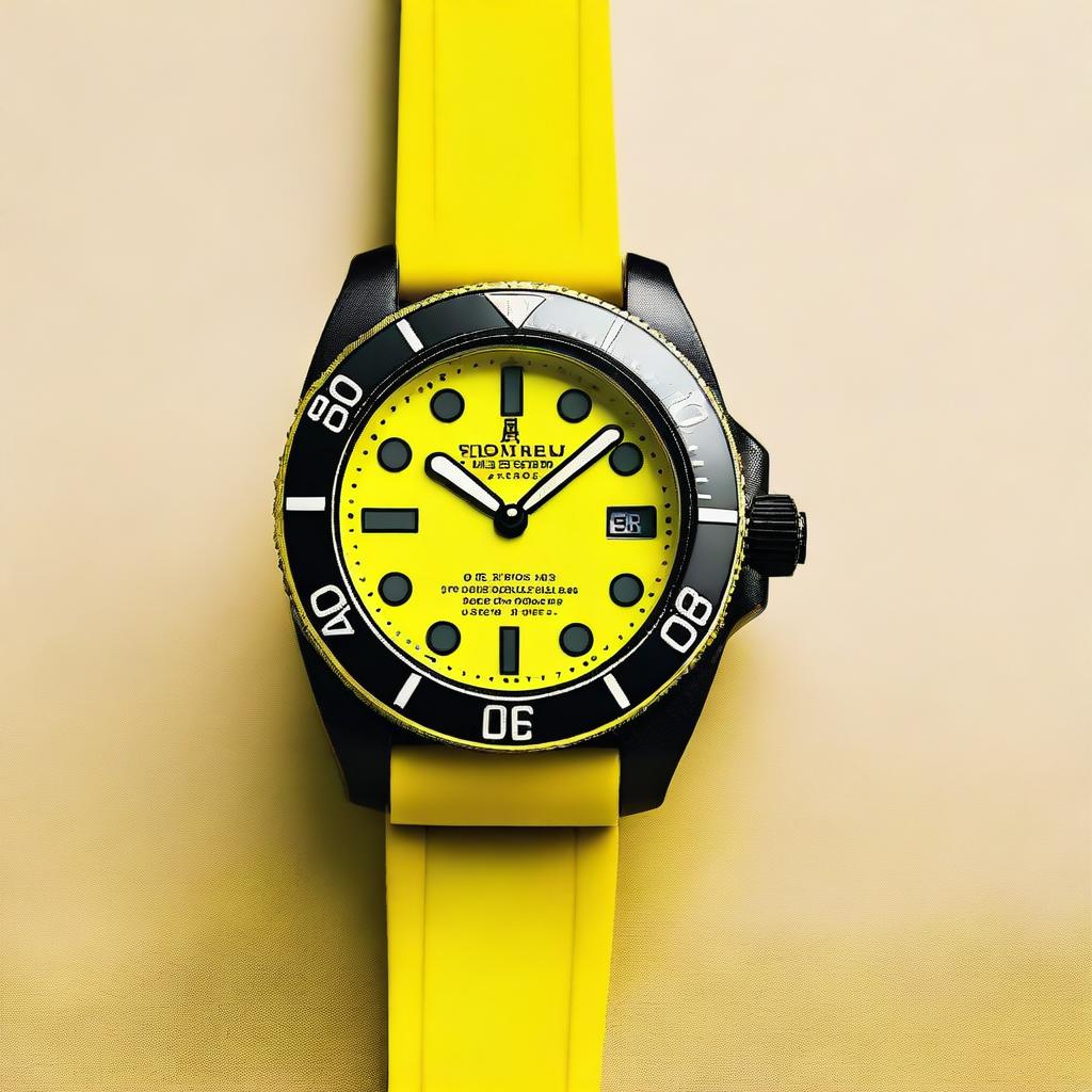 A black diver's wristwatch with a yellow bezel and a yellow clock face