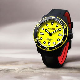 A black diver's wristwatch with a yellow bezel and a yellow clock face