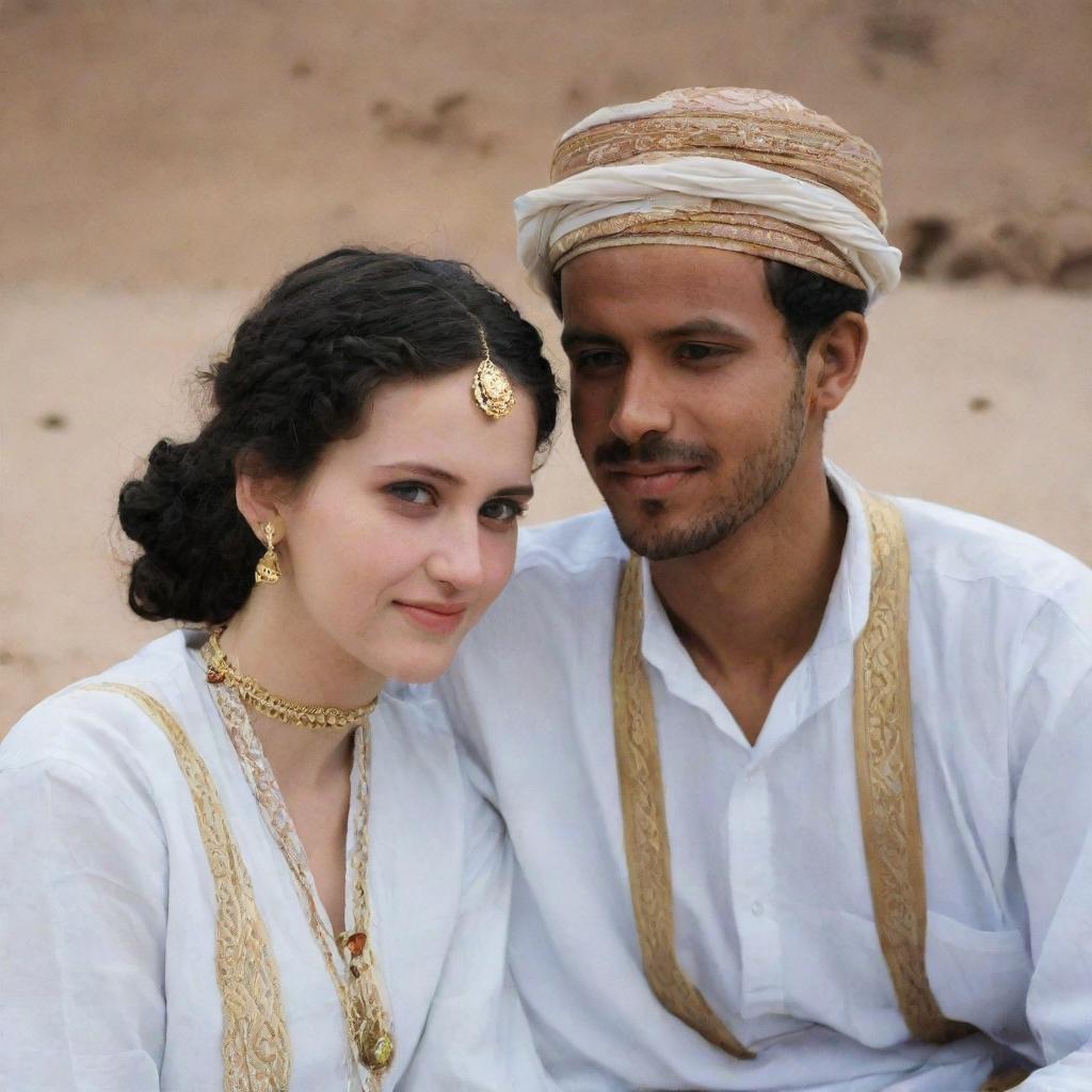 A Yemeni girl with pale skin and her boyfriend, both dressed in traditional attire, sharing a peaceful moment together