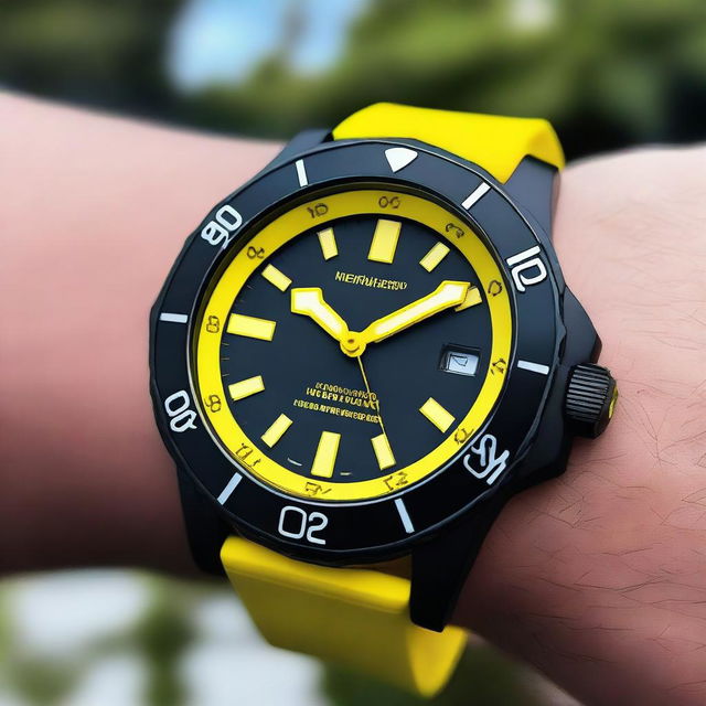 A black diver's wristwatch with a yellow bezel and a yellow clock face