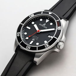 A silver diver's wristwatch with a black bezel and a black clock face