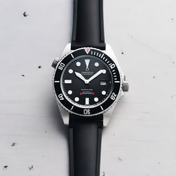 A silver diver's wristwatch with a black bezel and a black clock face