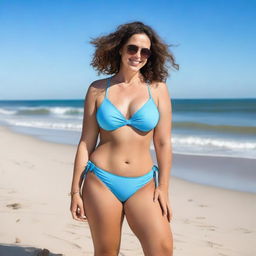 A woman in a bikini at the beach, with a curvy figure and specific measurements: 48-inch hips, 36-inch waist, and 38/85 bust size