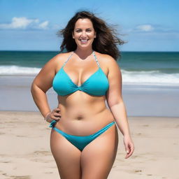 A woman in a bikini at the beach, with a curvy figure and specific measurements: 48-inch hips, 36-inch waist, and 38/85 bust size