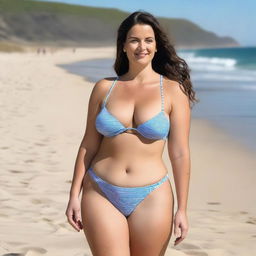 A woman in a bikini at the beach, with a curvy figure and specific measurements: 48-inch hips, 36-inch waist, and 38/85 bust size