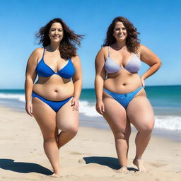 A woman in a bikini at the beach, with a curvy figure and specific measurements: 48-inch hips, 36-inch waist, and 38/85 bust size