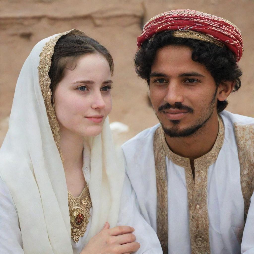 A Yemeni girl with pale skin and her boyfriend, both dressed in traditional attire, sharing a peaceful moment together