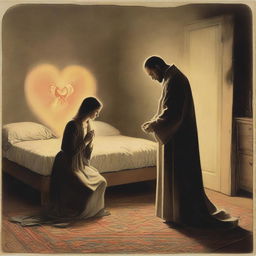 A couple in a bedroom setting, where the woman is kneeling at the bedside in prayer