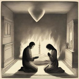 A couple in a bedroom setting, where the woman is kneeling at the bedside in prayer