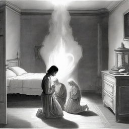 A couple in a bedroom setting, where the woman is kneeling at the bedside in prayer