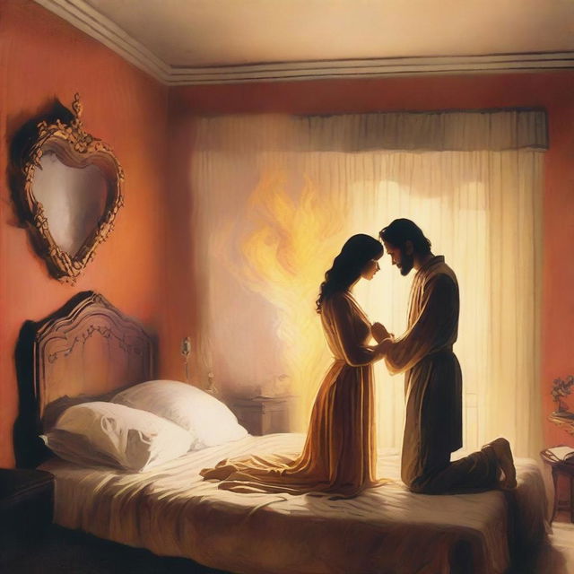 A couple in a bedroom setting, where the woman is kneeling at the bedside in prayer