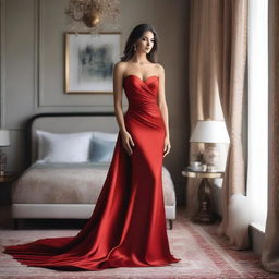 A woman in a red gown with a 48-inch hip size, 36-inch waist size, and 38/85 bust size, standing at home