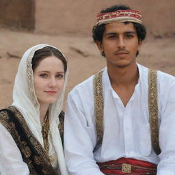 A Yemeni girl with pale skin and her boyfriend, both dressed in traditional attire, sharing a peaceful moment together