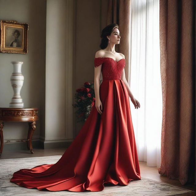 A woman in a red gown with a 48-inch hip size, 36-inch waist size, and 38/85 bust size, standing at home