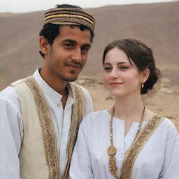 A Yemeni girl with pale skin and her boyfriend, both dressed in traditional attire, sharing a peaceful moment together