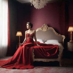 Create an image of a confident lady model standing on a bed