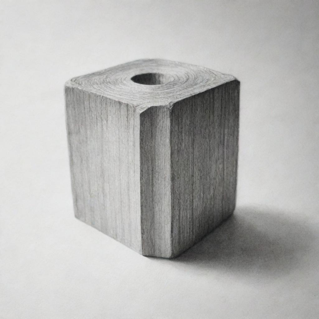 A realistic and detailed pencil drawing showcasing the depth and perspective of a 3D object.