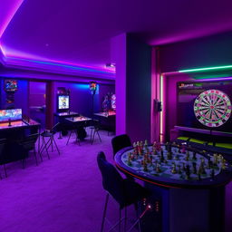 A 200m2 apartment converted into a comprehensive gaming center, consisting of 20 PlayStation consoles, 30 computers, 6 darts boards, a room for chess, and a 20m2 balcony equipped with high tables.