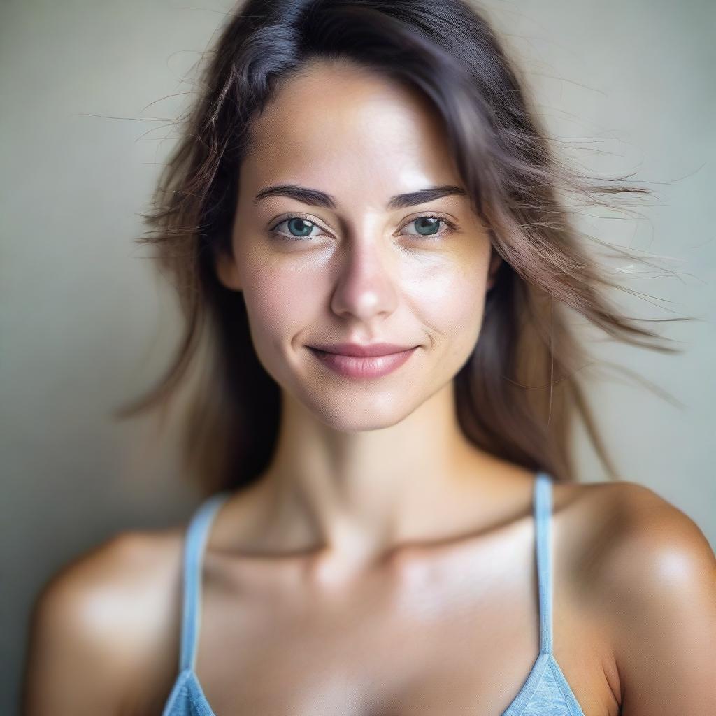 A naturally beautiful woman without makeup, depicted in a realistic and sexy manner