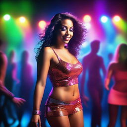 A sexy woman dancing in a nightclub, with vibrant lights and a lively atmosphere