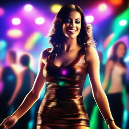 A sexy woman dancing in a nightclub, with vibrant lights and a lively atmosphere