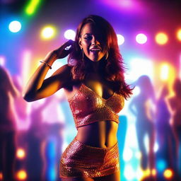 A sexy woman dancing in a nightclub, with vibrant lights and a lively atmosphere