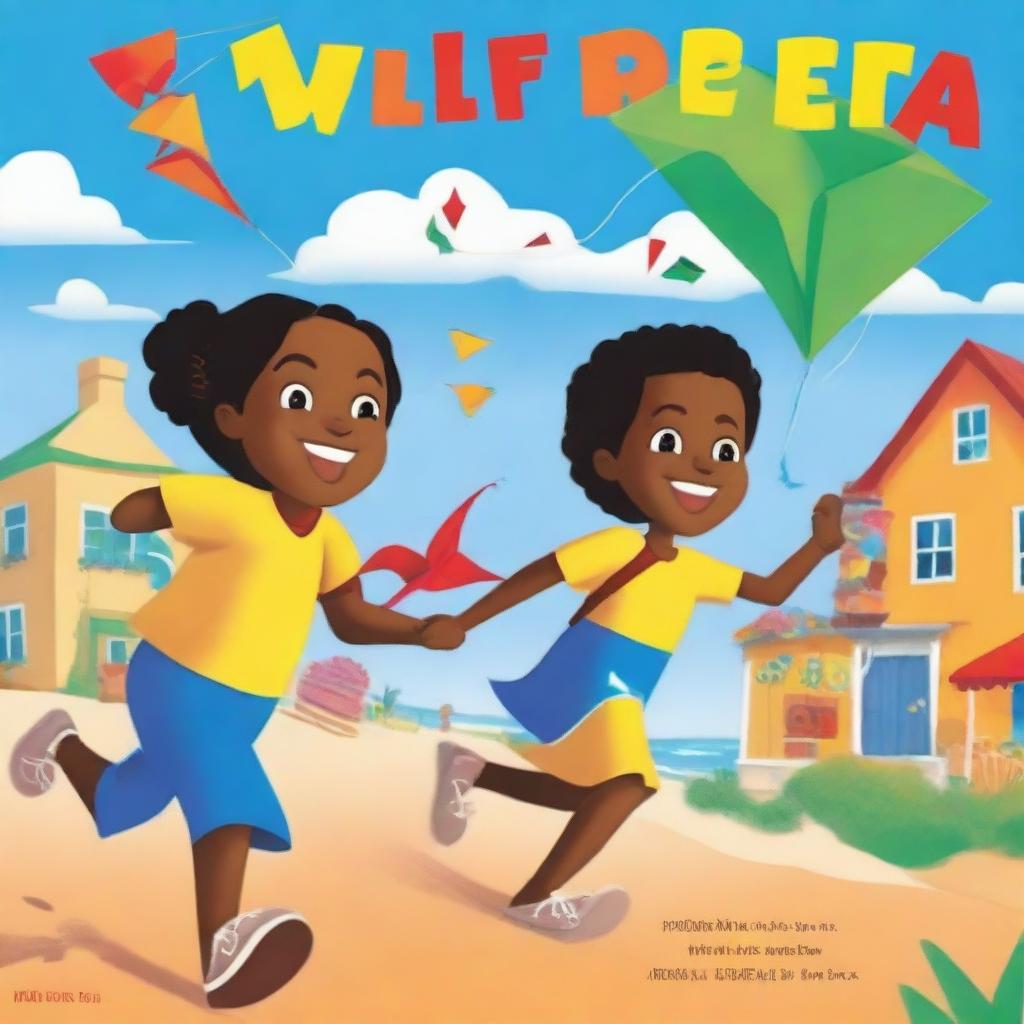 A children's book cover featuring Cape Verdean Black children running with plastic kites