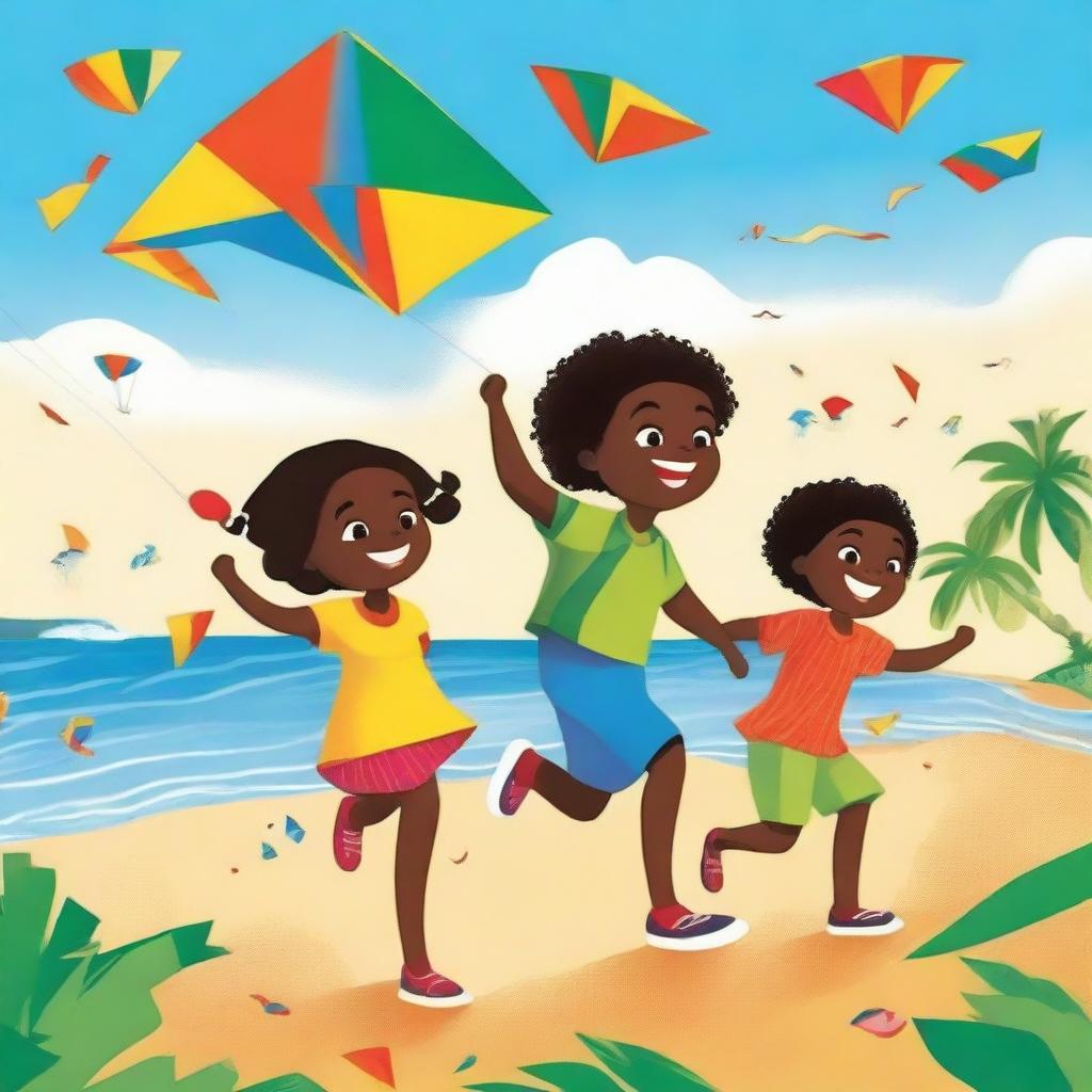 A children's book cover featuring Cape Verdean Black children running with plastic kites