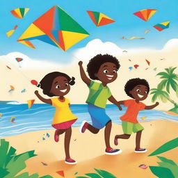 A children's book cover featuring Cape Verdean Black children running with plastic kites