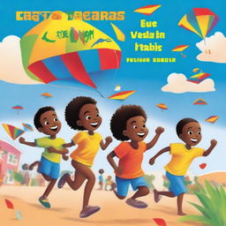 A children's book cover featuring Cape Verdean Black children running with plastic kites