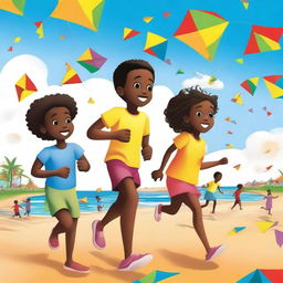 A children's book cover featuring Cape Verdean Black children running with plastic kites