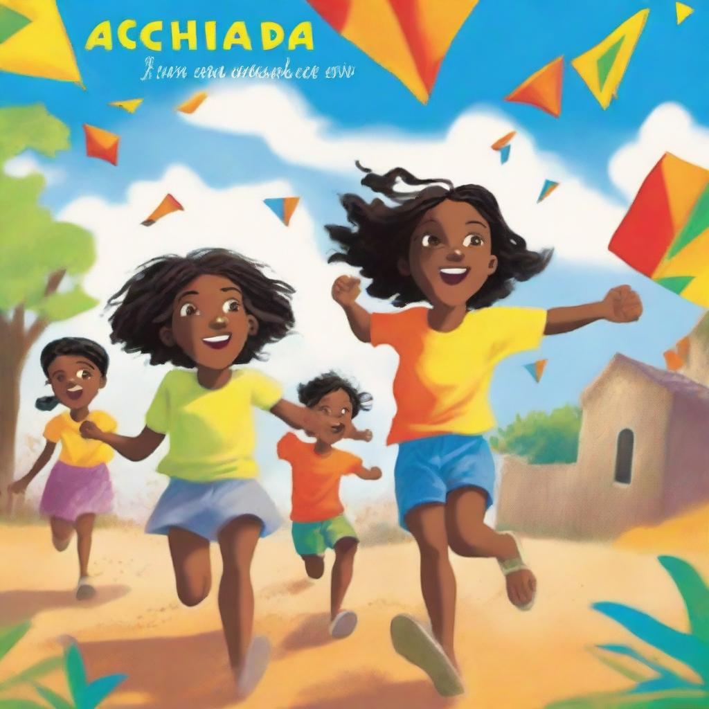 A children's book cover titled 'Achada Igreja' featuring Cape Verdean Black and mixed-race children running barefoot on rough ground with kites in their hands