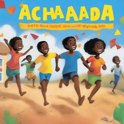 A children's book cover titled 'Achada Igreja' featuring Cape Verdean Black and mixed-race children running barefoot on rough ground with kites in their hands