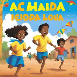 A children's book cover titled 'Achada Igreja' featuring Cape Verdean Black and mixed-race children running barefoot on rough ground with kites in their hands