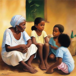 Cape Verdean Black and mixed-race children sitting at the feet of their Black grandmother, listening to her stories