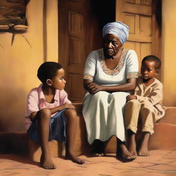 Cape Verdean Black and mixed-race children sitting at the feet of their Black grandmother, listening to her stories